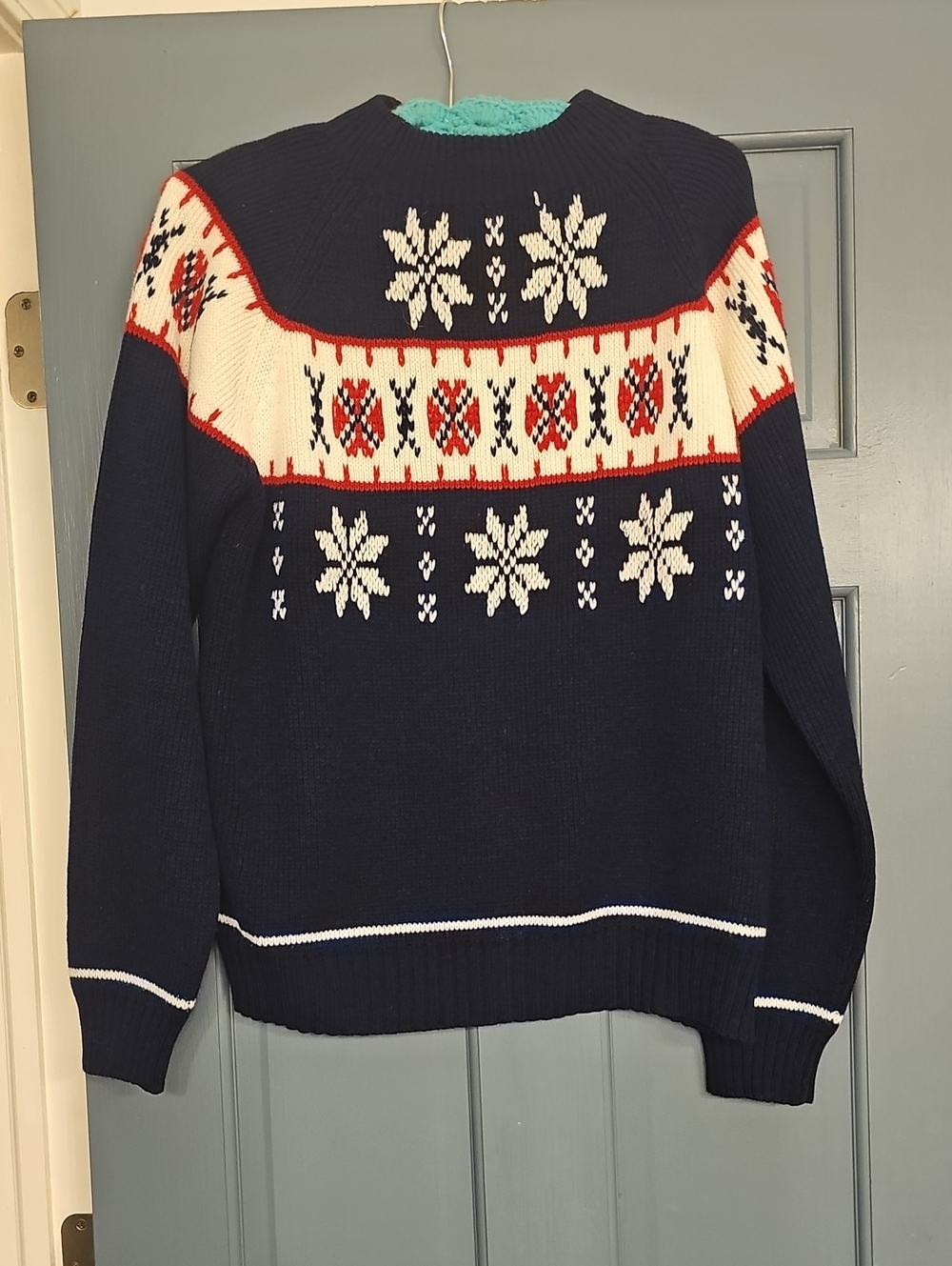 Vintage 80s Sweater Navy Fair Isle Snowflake Knit Medium Men Boho Ski Jcpenny